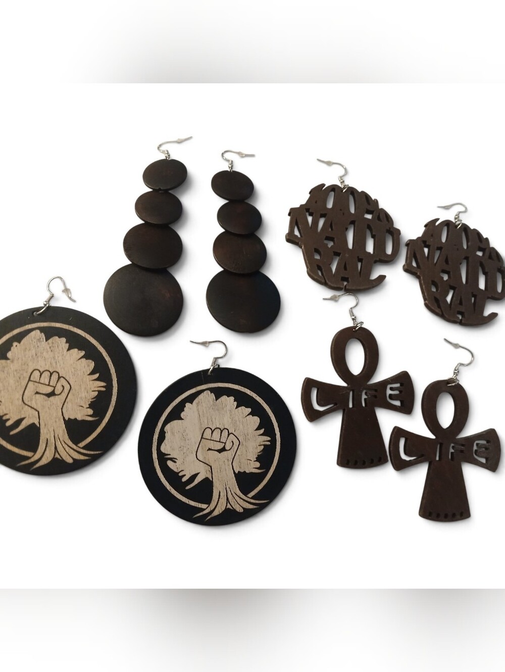 Set Of 4 Handcrafted Dark Brown Wooden Statement Earrings New